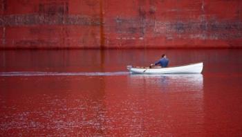 White Boat On Red River | Obraz na stenu