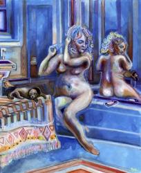 Nude Woman Bathing with Phone | Obraz na stenu