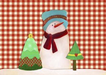 Snowman With Teal Hat With Christmas Trees | Obraz na stenu