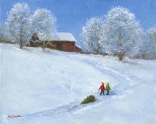 Barn and Children with Sled | Obraz na stenu