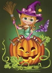 Witch with a Broom on a Pumpkin | Obraz na stenu