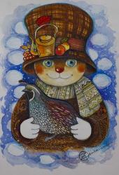 Autumn Cat With Quail | Obraz na stenu