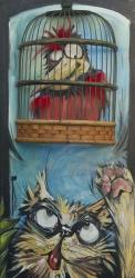 Bird In Cage With Cat | Obraz na stenu