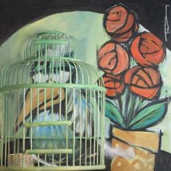 Bird In Cage With Potted Plant | Obraz na stenu