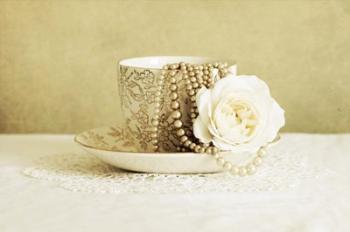 Antique Cup and Saucer with White Flower and Pearls | Obraz na stenu