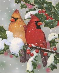 Cardinal Couple With Holly | Obraz na stenu