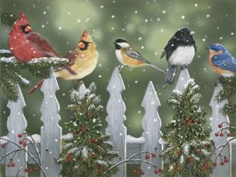Winter Birds on a Snowy Fence | Obraz na stenu