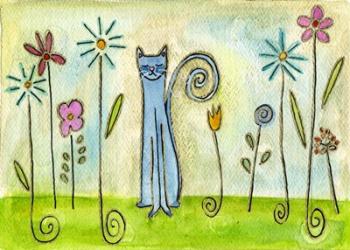 Blue Cat In The Flower Garden | Obraz na stenu