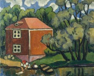 Landscape With Red House And Woman Washing, 1908 | Obraz na stenu