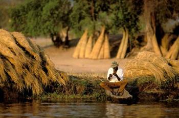 Local Man Fishing and Piles of Straw for Hatch, Okavango Delta, Botswana | Obraz na stenu