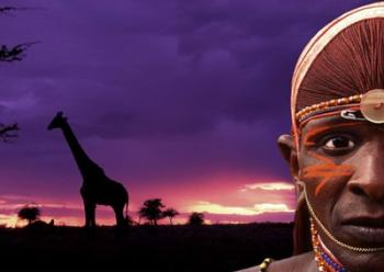 Maasai Warrior with Sunset on the Serengeti, Kenya | Obraz na stenu