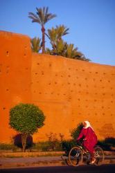 Veiled Woman Bicycling Below Red City Walls, Marrakech, Morocco | Obraz na stenu