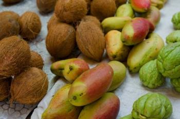 Mangos and coconuts at the market on Mahe Island | Obraz na stenu
