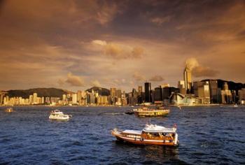 Boats in Victoria Harbor at Sunset, Hong Kong, China | Obraz na stenu