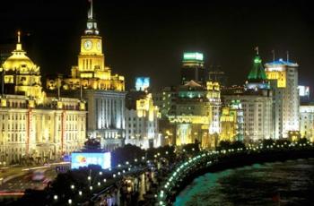 View of the Bund Area Illuminated at Night, Shanghai, China | Obraz na stenu