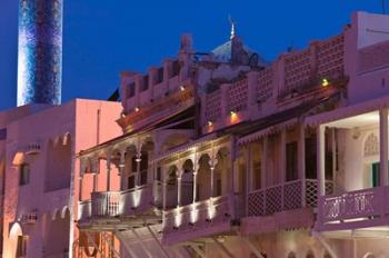 Oman, Muscat, Mutrah. Mutrah Corniche, Restored Merchant Buildings / Evening | Obraz na stenu