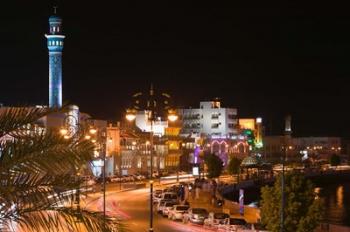 Oman, Muscat, Mutrah. Mutrah Corniche Buildings / Evening | Obraz na stenu