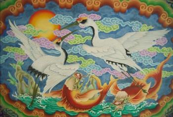 Taiwan, Peimen, Nankunshen Temple, Ceiling mural of cranes and catfish | Obraz na stenu