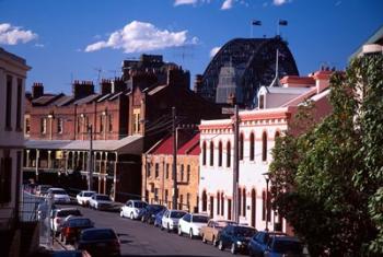 Historic Buildings and Sydney Harbor Bridge, The Rocks, Sydney, Australia | Obraz na stenu