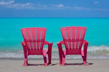 Bahamas, Little Exuma Island Pink Chairs On Beach | Obraz na stenu