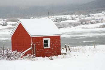 North America, Canada, Nova Scotia, Cape Breton, Cabot Trail, Red Shed In Winter | Obraz na stenu