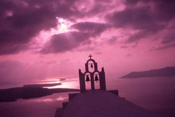 Church Steeple with Evening Rays, Santorini Island, Greece | Obraz na stenu
