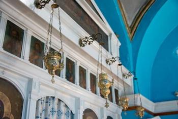 Greece, Cyclades, Mykonos, Hora Wall icons and oil lamps of a church | Obraz na stenu