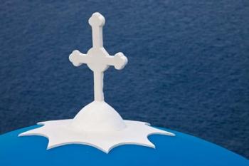 Church with blue dome and white cross in village of Firostefani, Santorini, Greece | Obraz na stenu