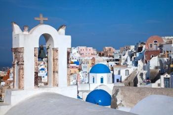 Bell tower and blue domes of church in village of Oia, Santorini, Greece | Obraz na stenu