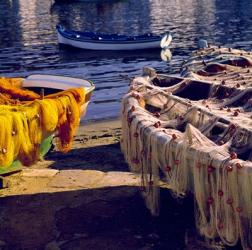 Greece, Mykonos Fishing Nets on Boats | Obraz na stenu