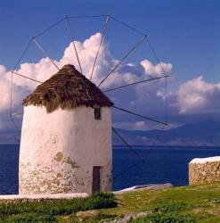 Greece, Mykonos, Windmill looks over Azure Sea | Obraz na stenu