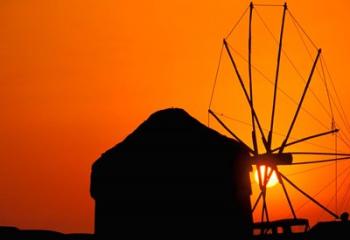 Sunrise with Mykonos Windmills, Mykonos, Cyclades Islands, Greece | Obraz na stenu