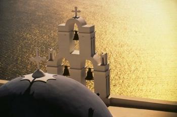 Seaside church tower with bell, Santorini, Greece | Obraz na stenu