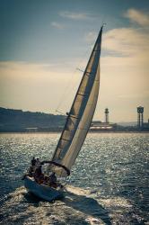 Spain, Barcelona Sailboat on the Balearic Sea just off the Coast | Obraz na stenu