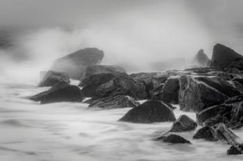 New Jersey, Cape May, Black And White Of Beach Waves Hitting Rocks | Obraz na stenu