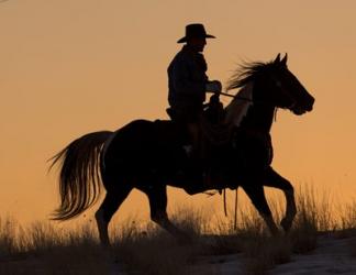 Cowboy Riding His Horse Winters Snow Silhouetted At Sunset | Obraz na stenu