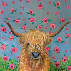 Highland Cow with Flowers | Obraz na stenu