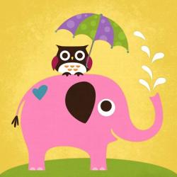 Elephant and Owl with Umbrella | Obraz na stenu