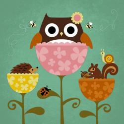 Owl, Squirrel and Hedgehog in Flowers | Obraz na stenu
