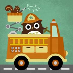 Owl in Firetruck and Squirrel | Obraz na stenu