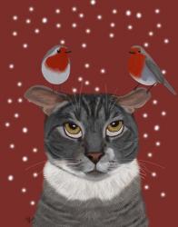 Grey Cat and Robins | Obraz na stenu