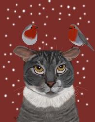Grey Cat and Robins | Obraz na stenu