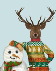 Deer in Christmas Sweater with Snowman | Obraz na stenu