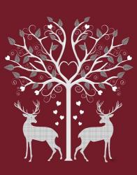Christmas Des - Deer and Heart Tree, Grey on Red | Obraz na stenu
