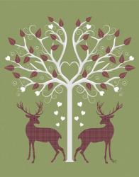 Christmas Des - Deer and Heart Tree, Pink On Green | Obraz na stenu