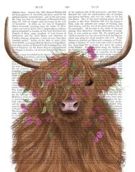 Highland Cow 1, Pink Flowers Book Print | Obraz na stenu