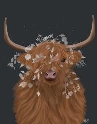Highland Cow 1, White Flowers | Obraz na stenu