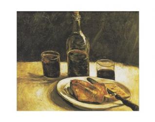 Still Life with Bottle, Two Glasses, Cheese and Bread | Obraz na stenu