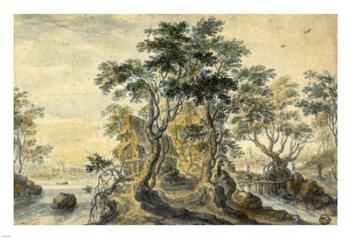 River Landscape with House on a Rocky Island | Obraz na stenu