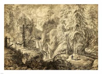 Mountain Landscape, Peasants in a Clearing near a Waterfall | Obraz na stenu
